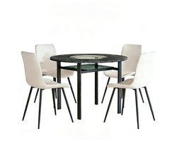 Eettafel 4 Stoele Set 100x100x76 cm Ronde Eettafel Bruin Zwart Wit MDF Metaal PU Leer Comfortabele Zittingen Modern Minimalistisch Voor Woonkamer