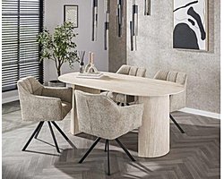 Eettafel Arch travertin keramiek ovaal 180x90 cm - Beige - Japandi
