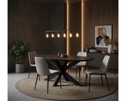 Eettafel Deens Ovaal Bruin Mangohout met Visgraat Blad – Houten Eetkamertafel met Zwart Metalen Matrixpoot 180x100 cm – Industriële Houten Eettafel – Novihome