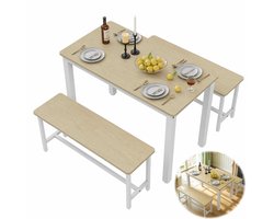 Eettafel - Eetkamertafel - Eettafel Set 3-Delig met 2 Eetkamerbanken - Scandinavisch Licht Hout & Wit Staal - Rechthoekige Eettafel voor 4 Personen - Ruimtebesparend & Multifunctioneel