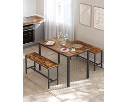Eettafel - Eettafelbank - Eet Tafel met Twee Banken - Eetkamerset - 70x110x75cm - 4 Personen - Bruin/Zwart