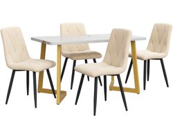 Eettafel En Stoelen Set 5-delig 117x68x75cm Rechthoekige Tafel Beige MDF Fluwelen Stoelen 4 Stoelen Met Gouden Poten Modern Ontwerp Voor Keuken Eetkamer
