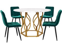 Eettafel- en stoelen set 5-delig Met een 100x100 cm wit tafelblad met marmerlook en gouden metalen poten in geometrisch design en 4 zachte groene fluwelen stoelen met huidvriendelijke bekleding