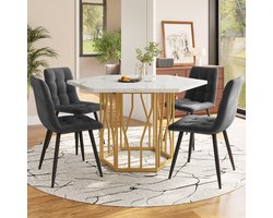 Eettafel en stoelen set - 5-delig - moderne zeshoekige eettafel - wit tafelblad en gouden tafelpoten - 4 grijze eetstoelen