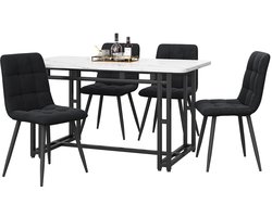 Eettafel en stoelen set 5-delige set multifunctionele zitplaatsenset met 1 tafelblad met imitatie witte marmeruiterlijk (120x70cm) gecombineerd met een stevig metaalbasis en 4 huidvriendelijke zachte fluweelstoelen Wit + zwart