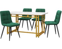 Eettafel en stoelen set 5-delige set multifunctionele zitplaatsenset met 1 tafelblad met imitatie witte marmeruiterlijk (120x70cm) gecombineerd met een stevig metaalbasis en 4 huidvriendelijke zachte fluweelstoelen Wit + goud+groen