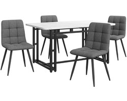 Eettafel en stoelen set 5-delige set multifunctionele zitplaatsenset met 1 tafelblad met imitatie witte marmeruiterlijk (140x80cm) gecombineerd met een stevig metaalbasis en 4 huidvriendelijke zachte linnenstoelen Wit + zwart + grijs