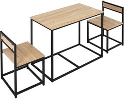 Eettafel- en stoelenset, 1 tafel + 2 stapelbare stoelen voor de keuken - Zwart metaal met lichte eikenhouten afwerking | Set van 1 tafel + 2 inbouwstoelen, voor keuken, metaal