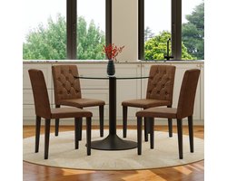 Eettafel en stoelenset. Moderne minimalistische glazen eethoek (1 tafel + 4 stoelen) met een diameter van 85 cm – Retro bruine kunststof uitvoering, de perfecte balans tussen lichte luxe en nostalgie.