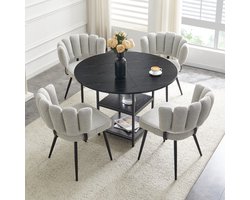 Eettafel en stoelenset: Ronde eettafel van 107 cm met dubbel opbergvak + 4 lichtgrijze eetkamerstoelen met bloemenprint op de rugleuningen van gestructureerde stof. Set in industriële stijl, ideaal voor kleine appartementen.