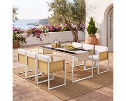 Eettafel en stoelenset - Tuinmeubilair - Tuintafel voor 6 personen met fauteuils - Afneembare en wasbare stoffen hoes - Tuinstoel - Geschikt voor 6 personen - Rotan - Wit + Bruin - Geschikt voor terras/balkon/hal