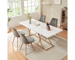 Eettafel Figa rechthoekig 180x80 cm marmerlook wit en goudkleurig [en.casa]