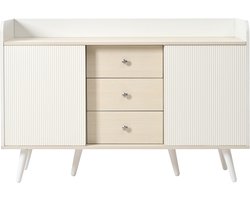 Eettafel kast, opbergkast zijkast met 3 lades en 2 schuifdeuren verhoogde rand aan de bovenkant modern minimalistisch ontwerp geschikt voor de slaapkamer of woonkamer 117,5 x 39,5 x 79 cm houtkleur + wit