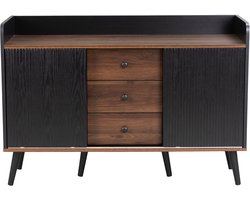 Eettafel kast, opbergkast zijkast met 3 lades en 2 schuifdeuren verhoogde rand aan de bovenkant modern minimalistisch ontwerp geschikt voor de slaapkamer of woonkamer 117,5 x 39,5 x 79 cm houtkleur + Zwart