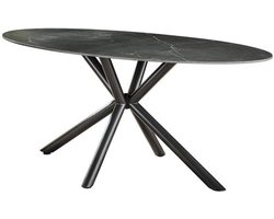Eettafel Keramiek Zwart Marmer Ovaal (180cm x 90cm) - Industriële Dinertafel met Zwart Keramiek Tafelblad Marmerlook - Eettafel voor 6 Personen - Ovale Tafel met Zwarte Marmerlook in Industriële Stijl