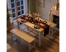 Eettafel met 2 banken, 110 × 60 × 76 cm, Voor 4-6 personen，ruimtebesparende eetset, Scandinavisch design, licht hout met wit metalen frame