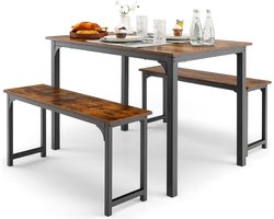 Eettafel met 2 banken, keukentafel voor 2-4 personen met roestvrij metalen frame, 3-delige set voor keuken, woonkamer, eetkamer