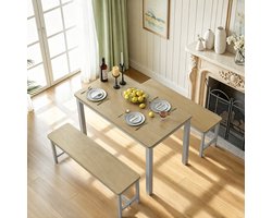 Eettafel met 2 banken, set van 3, keukentafel 60 x 110 x 76 cm, 2 banken van elk 30 x 97 x 44 cm, rechthoekige eettafelset met bank, stalen frame, naturel houten frame (wit), voor keuken, eetkamer