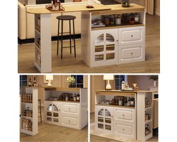 Eettafel met 360° draaibare eettafel, eenvoudig en modern, geschikt voor slaapkamers, woonkamers en eetkamers, 2 lades, snackrek, open opbergvak. Draaibare dressoirkast met planken en gebogen glas, Wit