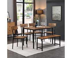 Eettafel met 4 Stoelen en Bank - 6 Personen - Industrieel - Hout en Stalen Frame - Complete Eethoek voor Keuken & Woonkamer - Bruin/Zwart