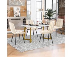 Eettafel met 4 Stoelen - Keukentafel Set - Samen Eten - Marble Look Table Top - 117 cm - Wit