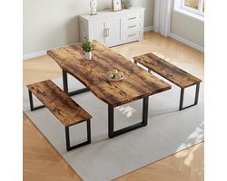 Eettafel met banken - Eetkamerset - Samen eten - Golfrand design - 160x75 cm - Rustiek hout