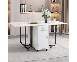 Eettafel met Kast - Klaptafel Uitschuiftafel - Ruimte Besparen - Flexibel Uitklapbaar - 3 Laden - Wit/Zwart