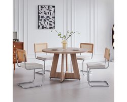 Eettafel met stoelen - Eetgroep Keukentafelset - Gezellig Tafelen - Rotan rugleuning - 120 cm - Natuurlijk en wit