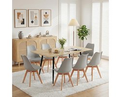 Eettafel met stoelen - Eetkamergroep - Voor 8 personen - Uittrekbare tafel - 160 x 80 cm - Eiken en grijs