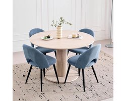 Eettafel met stoelen - Eetkamerset - Samen eten - Steenmotief blad - 115 cm rond - Blauw beige