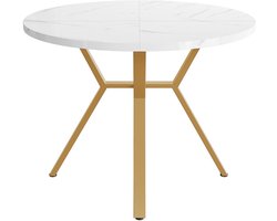 Eettafel multifunctionele ronde tafel met wit marmerlook tafelblad en gouden metalen X-vormige poten 100 x 100 x 75 cm