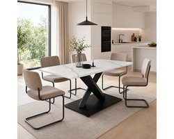 Eettafel - Onbekend - Grote Rechthoekige Eettafel X-Vorm Onderstel voor 6-8 Personen en Home Office - MDF en Metaal - Wit Marmer Look Zwart