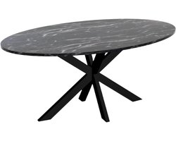 Eettafel Ovaal - Eetkamertafel MDF - Gezellig dineren - Marmerlook print - 180cm lang - Zwart
