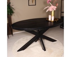 Eettafel ovaal mangohout 160cm James zwart ovale industriële tafel duurzaam mango eetkamertafel