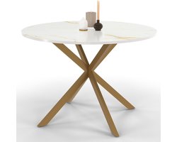 Eettafel Rond – 110 cm, Alaska Model met Spinnenvoet in Messing en Gouden Marmereffect, Luxe en Modern Meubel voor 6 Personen