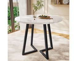Eettafel Rond - 80 x 80 cm - Keukentafel Met Uniek Onderstel - Marmerlook Blad - MDF En Metaal - Wit/Zwart