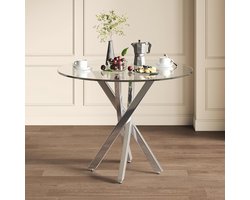 Eettafel Rond - Eettafel Modern - Gezellig Tafelen - Gekruiste Poten - 80 x 80 x 75 cm - Zilver