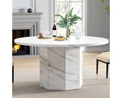 Eettafel Rond Faux Marmer - Witte Ronde Keukentafel voor 4-6 Personen met Achthoekige Basis, Modern Design - 120x120x75 cm - Vermissen