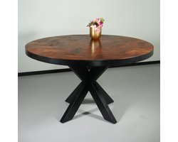 Eettafel rond mangohout visgraat 130cm Avelyn bruin ronde industriële tafel duurzaam mango eetkamertafel