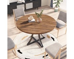 Eettafel Rond voor 4-6 Personen - Houtlook Blad Met Stabiel Metalen Gestel - Modern Design - voor Kleine Keukens & Gezellige Maaltijden - Bruin
