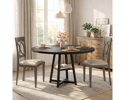 Eettafel - Ronde eettafel van 47 inch - Industriële keukentafel met voetstuk - Ruimtebesparende ronde eettafel - Met opbergplank en stevig metalen frame - Voor eetkamer, keuken, ontbijthoek, zwart - 120 × 120 × 88 cm