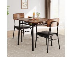 Eettafel Set 3-delig - 70x70x75cm - Keukentafel met Opbergrek - Compact Ruimtebesparend voor 2 Personen - Eettafel voor Kleine Ruimtes Appartement Keuken - Bruin