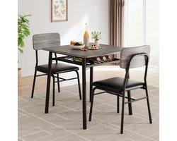 Eettafel Set 3-delig - 70x70x75cm - Keukentafel met Opbergrek - Compact Ruimtebesparend voor 2 Personen - Eettafel voor Kleine Ruimtes Appartement Keuken - Grijs