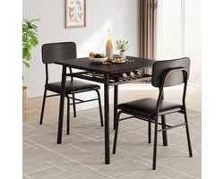 Eettafel Set 3-delig - 70x70x75cm - Keukentafel met Opbergrek - Compact Ruimtebesparend voor 2 Personen - Eettafel voor Kleine Ruimtes Appartement Keuken - Zwart
