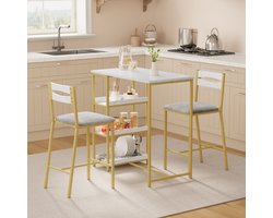 Eettafel Set 3-Delig - 91.5x50x91.5cm - Eettafel Met 2 Stoelen - Bartafel Counter Height met 3 Lagen Opbergplanken - Ruimtebesparend - Voor Appartement En Eetkamer - Wit + Goud