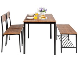Eettafel Set 4-delig – Keukentafel – Stoelenset – Eetkamertafel – Industrieel Tafeldesign – Metaal Frame – Grote Bank Met Opbergruimte – Bruin