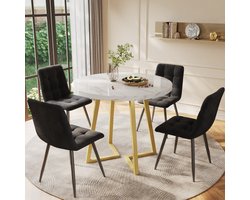 Eettafel set (5-delig) - moderne eettafel set met 4 stoelen - keukentafel set - ronde keukentafel met 80 cm diameter - gouden metalen poten - wit MDF tafelblad - zwart fluwelen stoelen