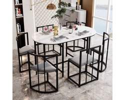 Eettafel Set 6-Persoons Wit - Moderne Set Met Zwarte IJzeren Frame Stoelen Grijs Kussen Rugleuning