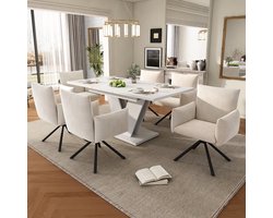 Eettafel Set 7 Delig - Uitschuifbare Eettafel 120-160x80 cm Met 6 Velvet Draaistoelen - Luxe Eetkamer Set Met 360° Rotatie Stoelen En V Vormige Poten - Moderne Tafel Voor 4-8 Personen - Wit Beige