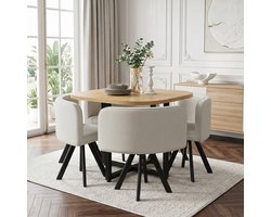 Eettafel Set - 85x85 cm - Tafel + Stoelen - Comfortabel + Modern - Eiken + Linnen - Beige